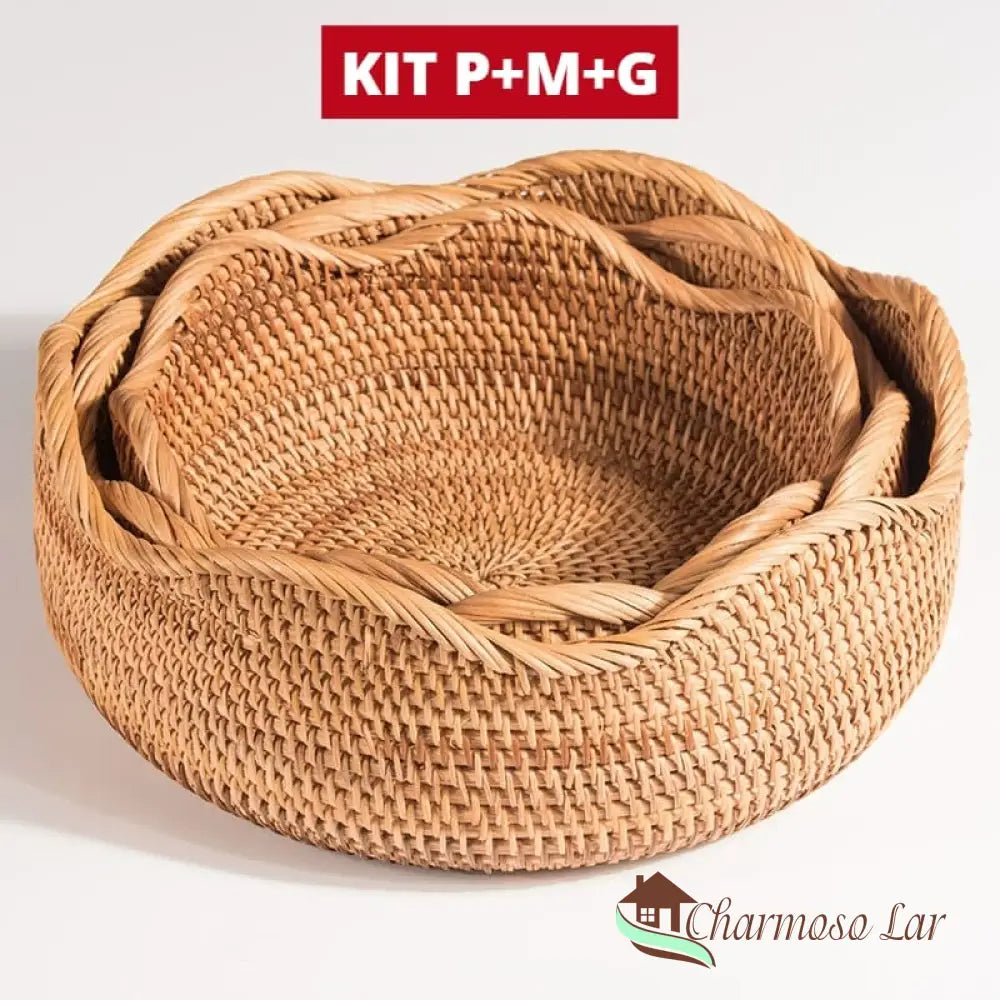 Cesta De Vime Em Rattan Feita A Mão Charmosolar Kit 3 Peças (P+M+G)