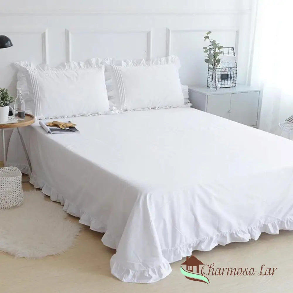 Conjunto de Lençóis de Algodão Branco com Bainha Frisada - 100% Sedoso e Confortável Roupa de Cama025