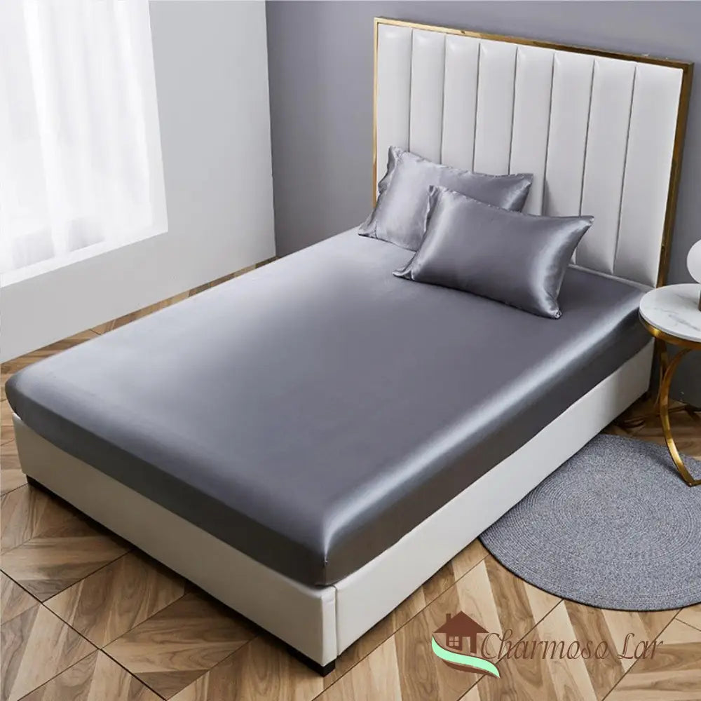 Conjunto de Lençóis de Cetim Luxuoso com Fronhas - Elegância e Conforto Realçados - Cinza Roupa de Cama037