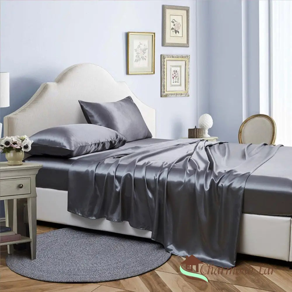 Conjunto de Lençóis de Cetim Luxuoso com Fronhas - Elegância e Conforto Realçados - Cinza Casal (138x188cm) / Cinza