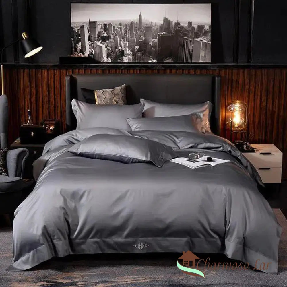 Conjunto Gihng Pure Luxury- Peças em 100% Algodão Egípcio 600 Fios Cinza / Lençol Solto / Casal - 4 Peças (150x200cm)