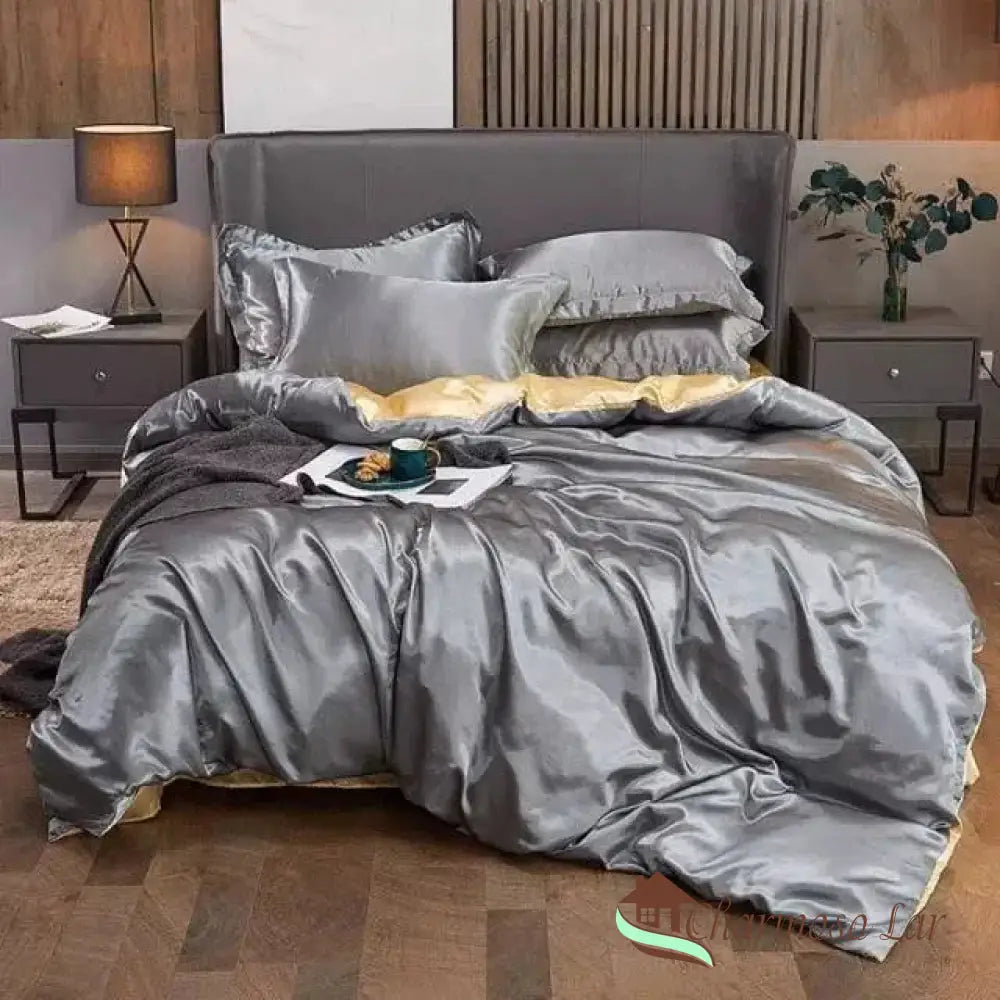 Conjunto de Roupas de Cama de Cetim Funnry 4 Peças Super Soft Cinza / Solteiro (150x200cm) Roupas de Cama 1