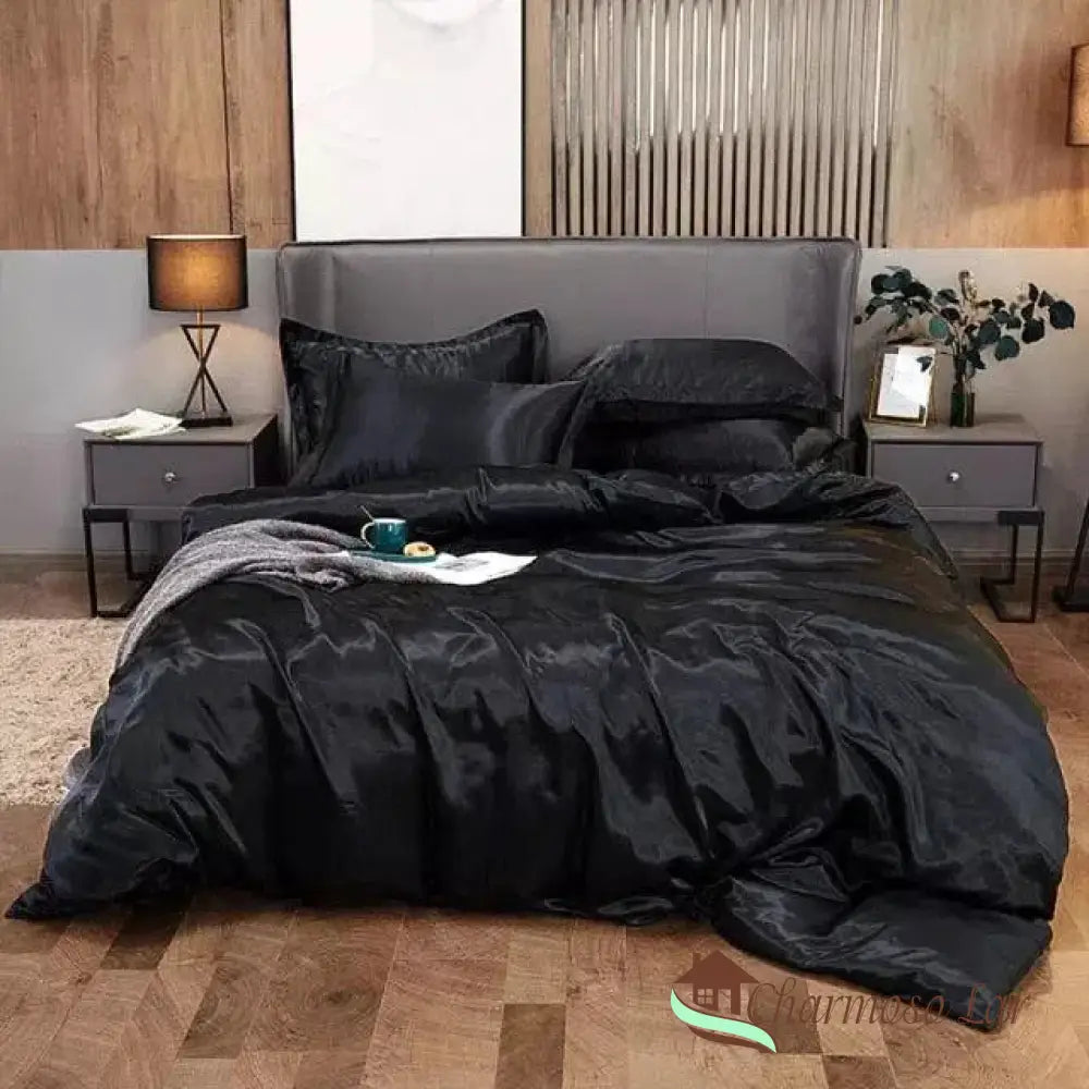 Conjunto de Roupas de Cama de Cetim Funnry 4 Peças Super Soft Preto / Solteiro (150x200cm) Roupas de Cama 1