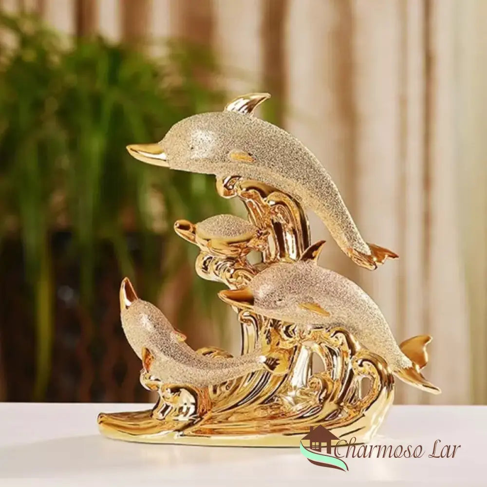 Decoração De Mesa Luxo Cerâmica Estátua Golfinhos Polihousi