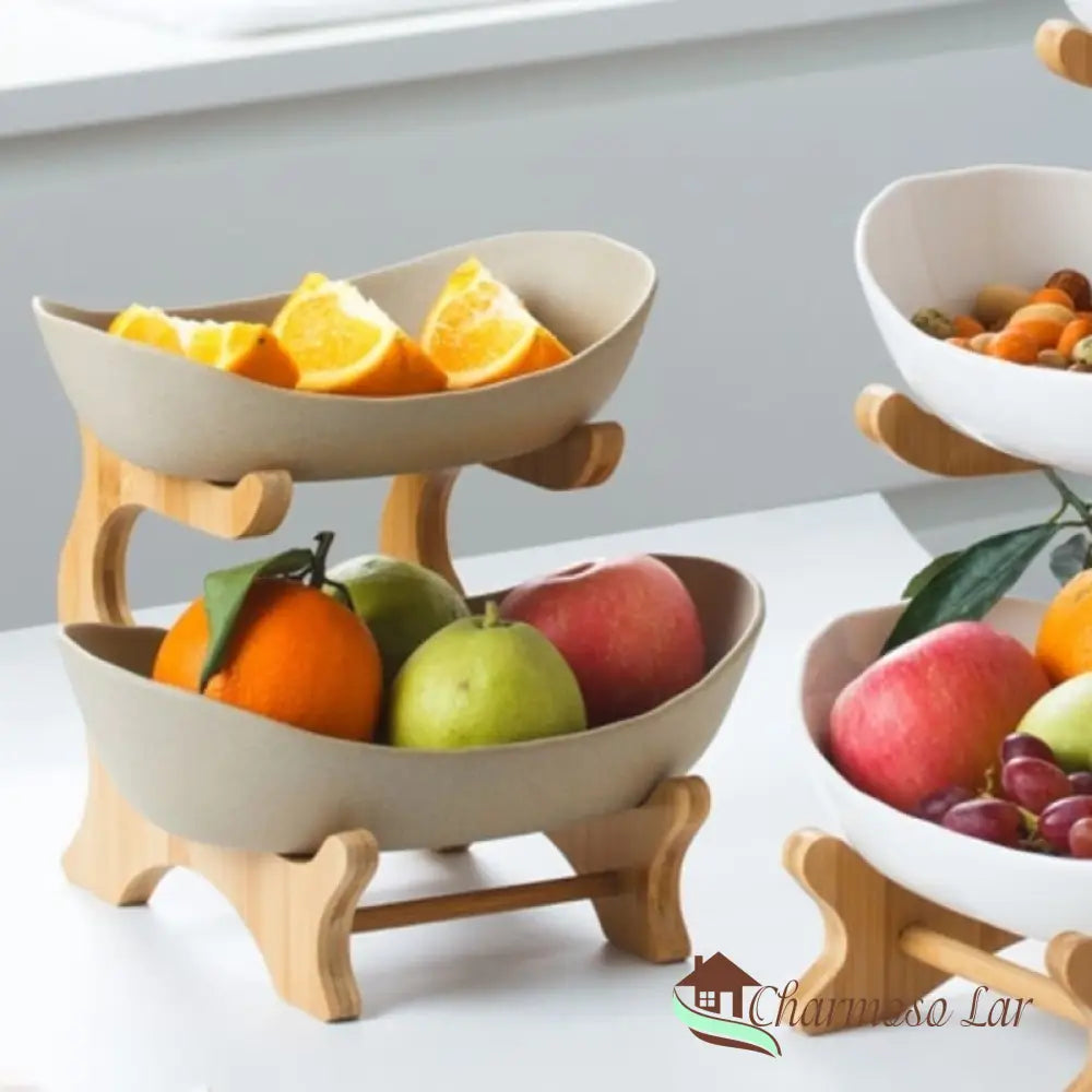 Fruteira De Mesa Cesta Fruta Bambu Charmosolar Bege (2 Camadas)