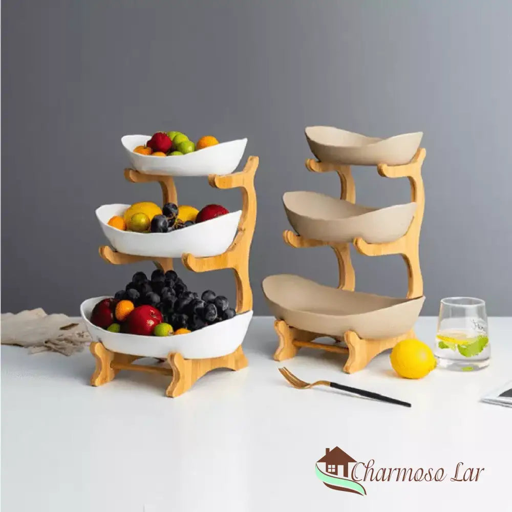 Fruteira De Mesa Cesta Fruta Bambu Charmosolar Bege (3 Camadas)