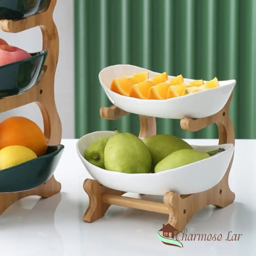 Fruteira De Mesa Cesta Fruta Bambu Charmosolar Branco (2 Camadas)