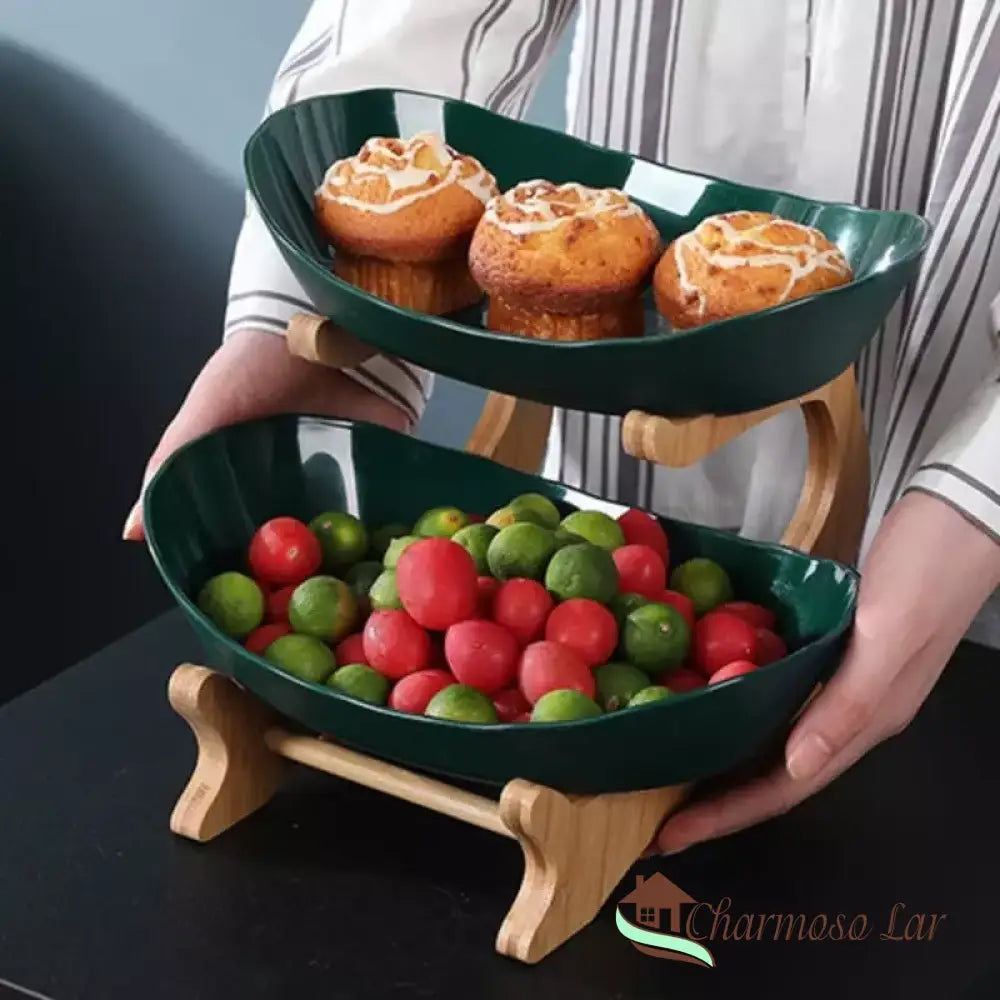 Fruteira De Mesa Cesta Fruta Bambu Charmosolar Verde (2 Camadas)