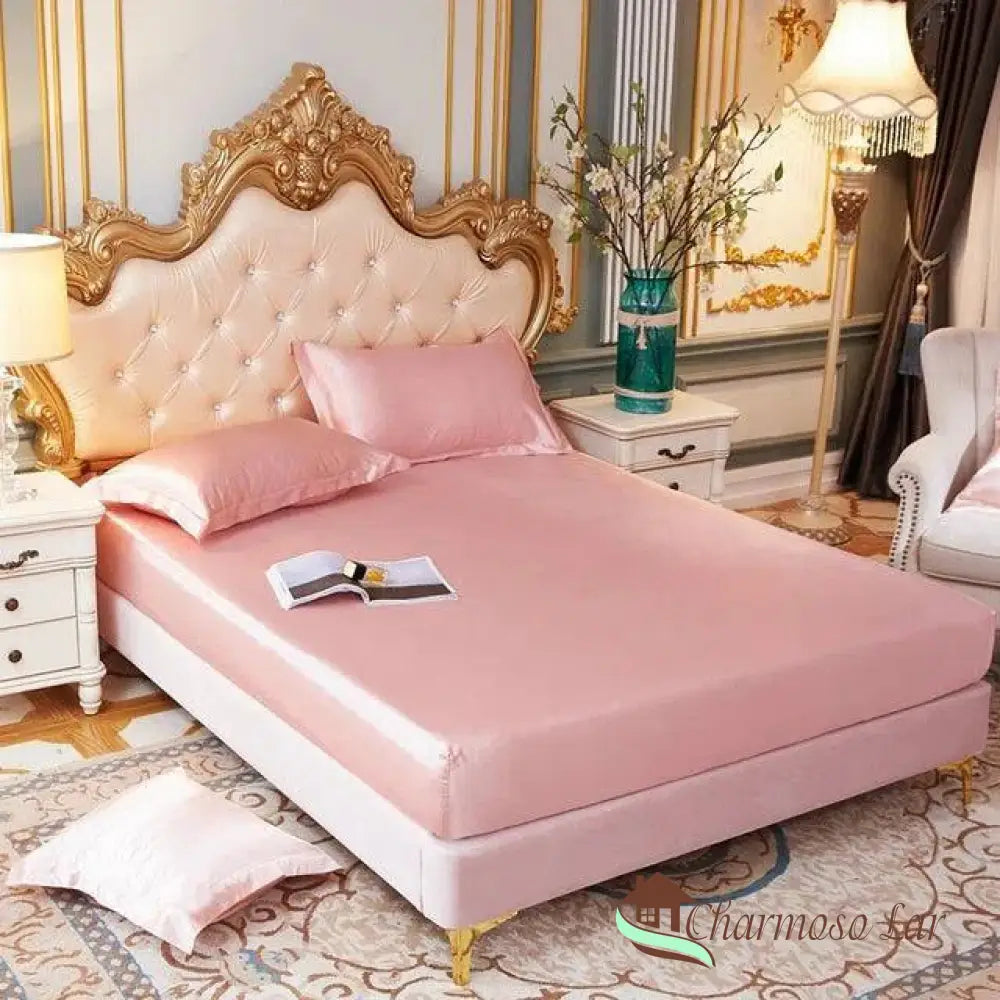 Conjunto Sleep Luxury™ / Jogo de Lençol em Seda Cetim + Fronhas Rosa / Solteiro (120x200cm) Lençol 4