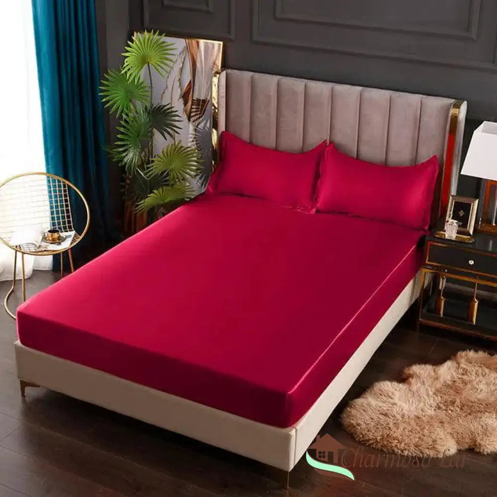 Conjunto Sleep Luxury™ / Jogo de Lençol em Seda Cetim + Fronhas Vermelho / Solteiro (120x200cm) Lençol 4