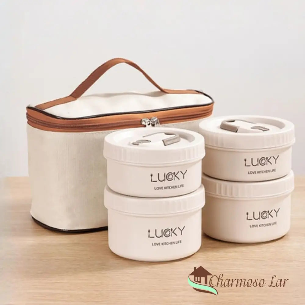 Kit Lancheira Térmica Marmita Inox Charmosolar Branco 4 Potes + Bolsa