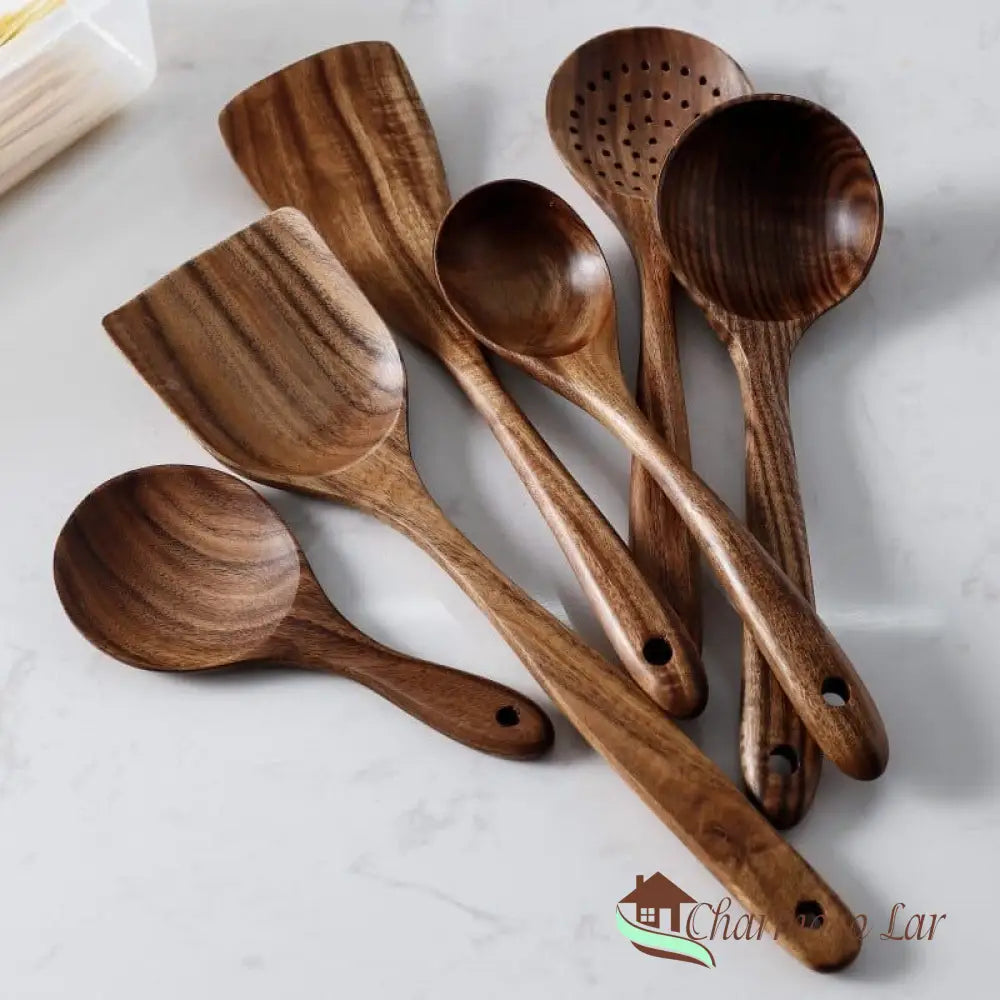 Kit Utensílios De Cozinha 7 Peças Madeira Charmosolar