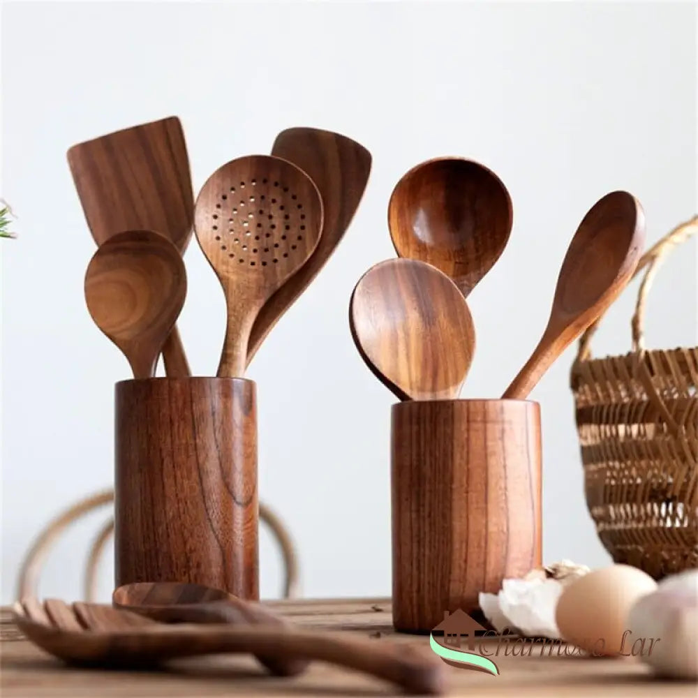 Kit Utensílios De Cozinha 7 Peças Madeira Charmosolar