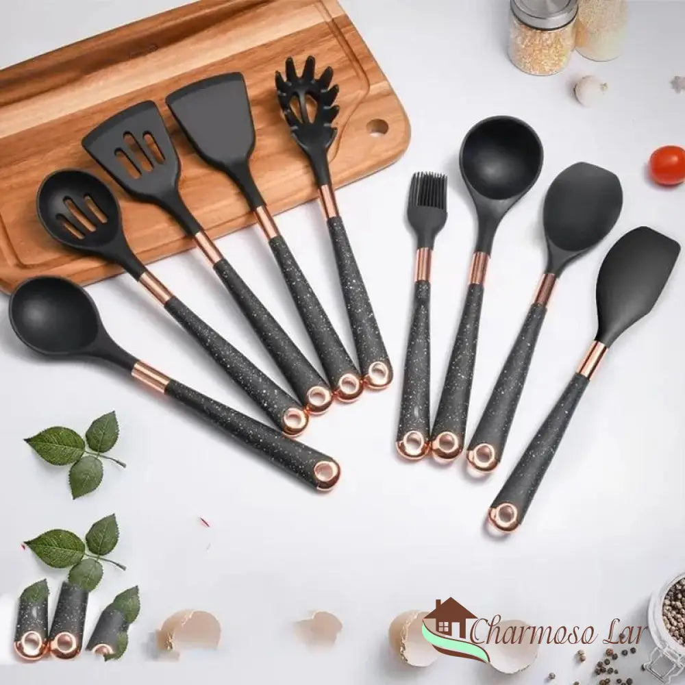 Kit Utensílios De Cozinha Em Silicone 10 Peças Com Organizador Rosé Charmosolar