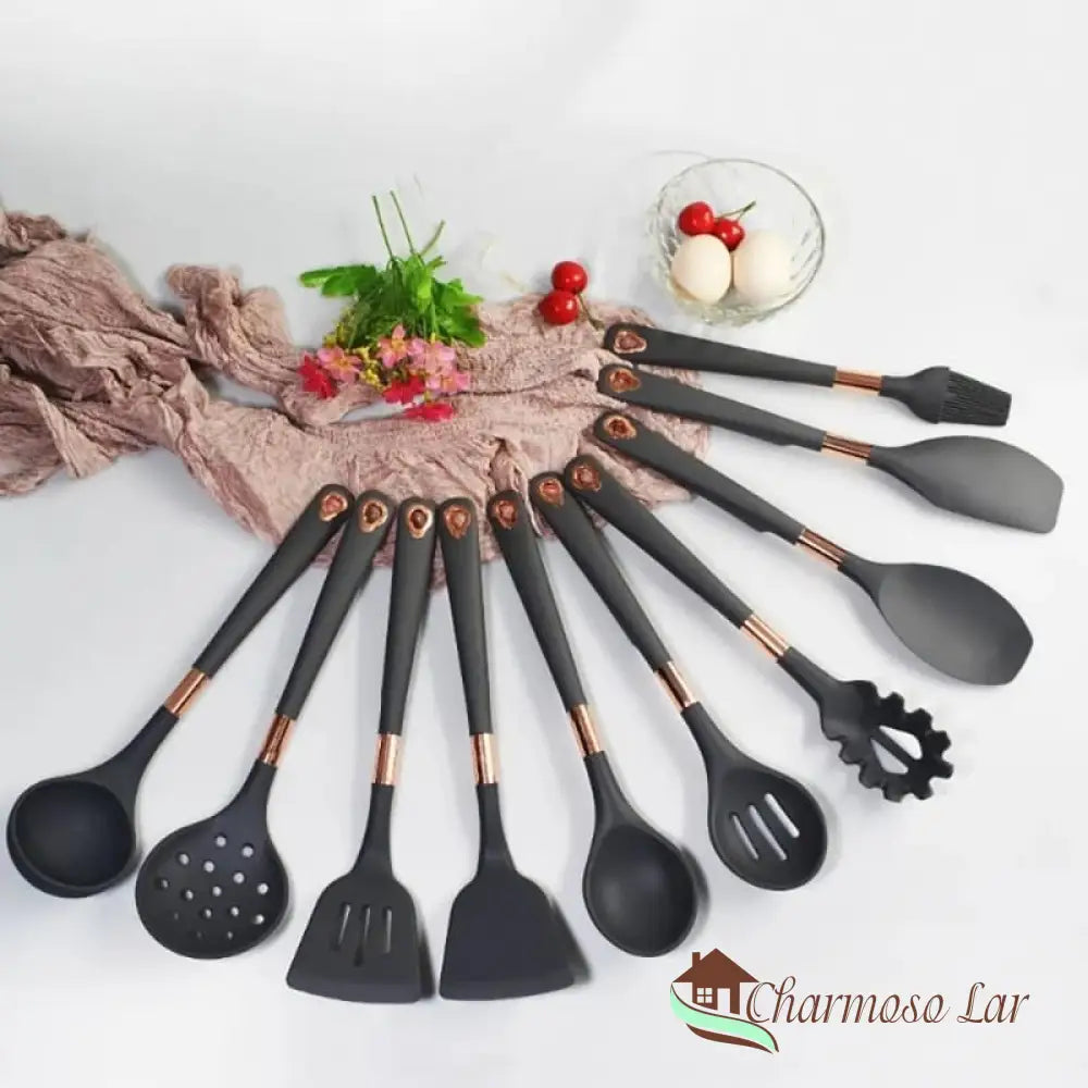 Kit Utensílios De Cozinha Em Silicone 10 Peças Com Organizador Rosé Charmosolar