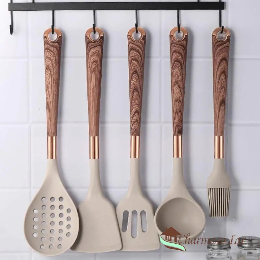 Kit Utensílios De Cozinha Em Silicone 10 Peças Com Organizador Rosé Charmosolar