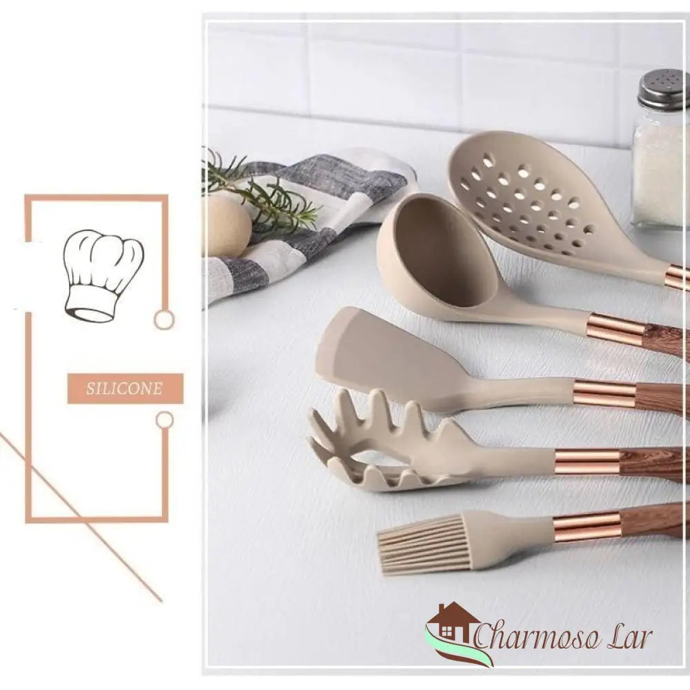 Kit Utensílios De Cozinha Em Silicone 10 Peças Com Organizador Rosé Charmosolar