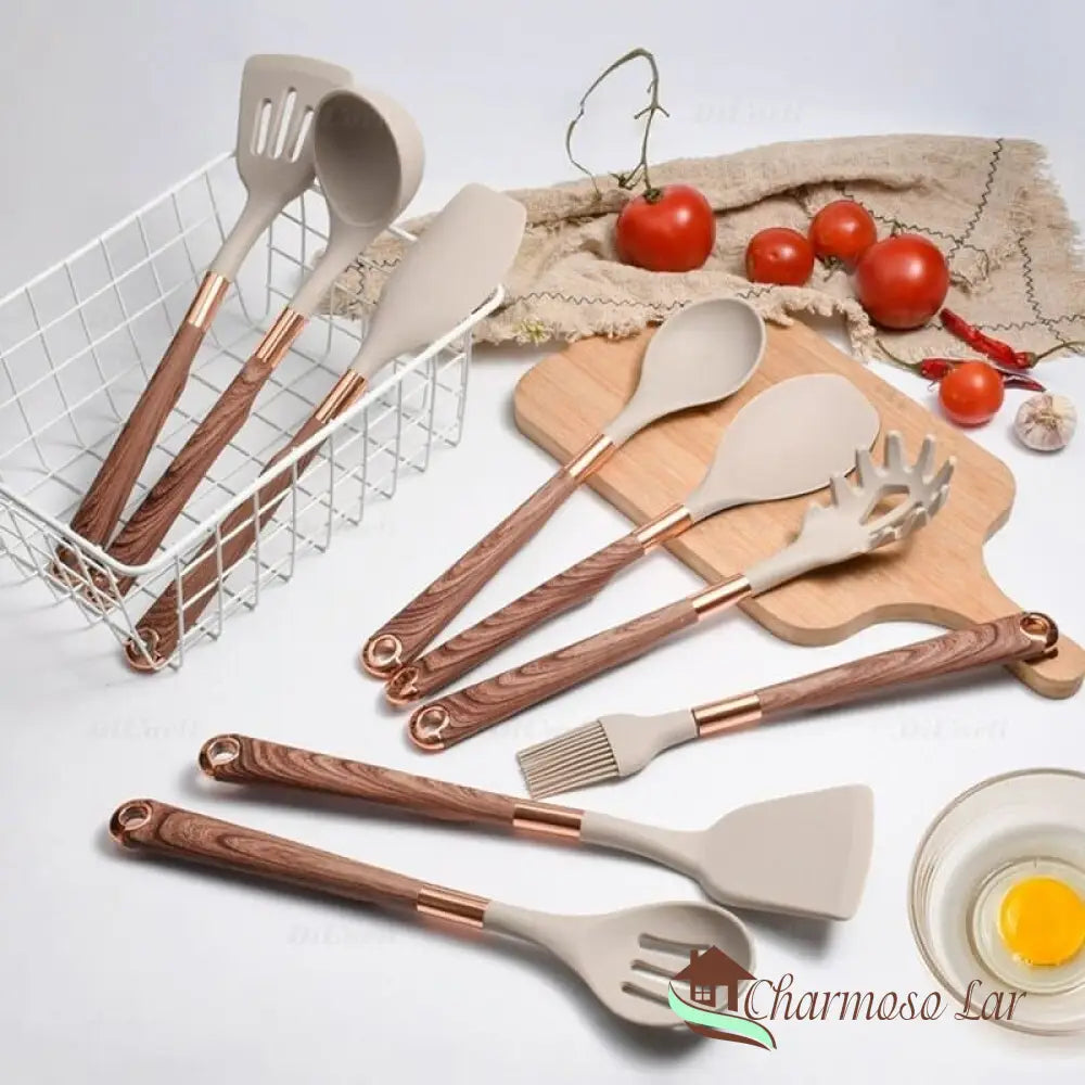 Kit Utensílios De Cozinha Em Silicone 10 Peças Com Organizador Rosé Charmosolar