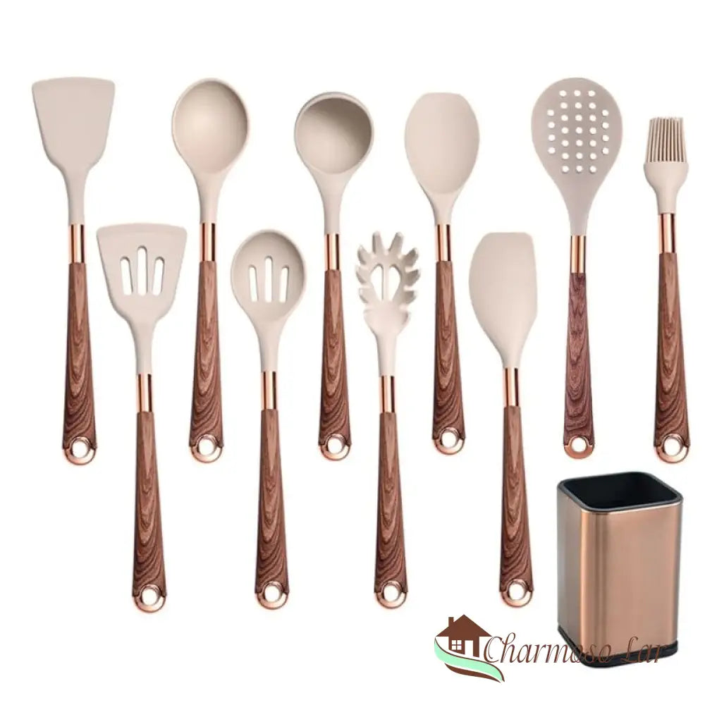 Kit Utensílios De Cozinha Em Silicone 10 Peças Com Organizador Rosé Charmosolar