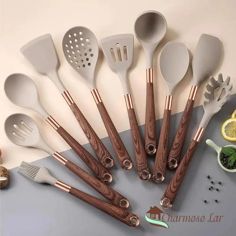 Kit Utensílios De Cozinha Em Silicone 10 Peças Com Organizador Rosé Charmosolar