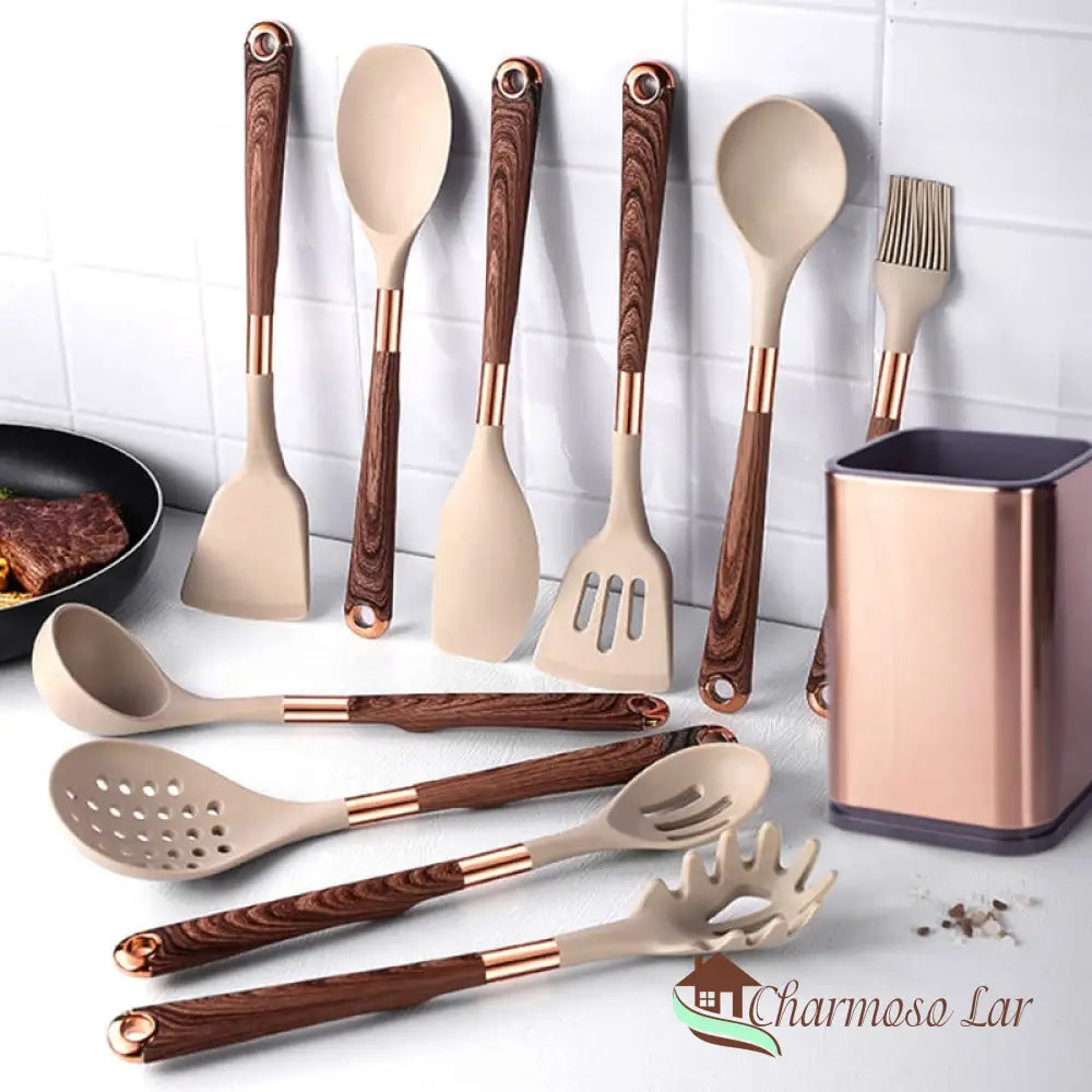 Kit Utensílios De Cozinha Em Silicone 10 Peças Com Organizador Rosé Charmosolar