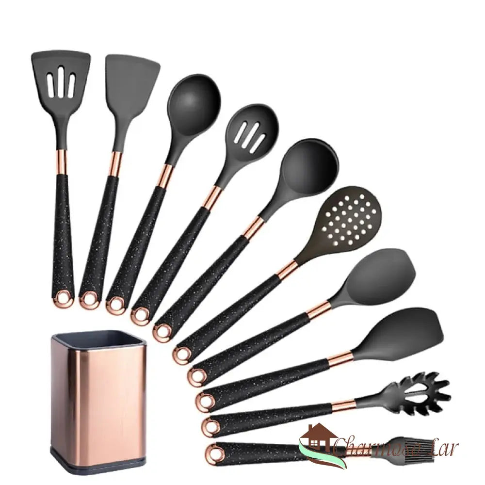 Kit Utensílios De Cozinha Em Silicone 10 Peças Com Organizador Rosé Charmosolar