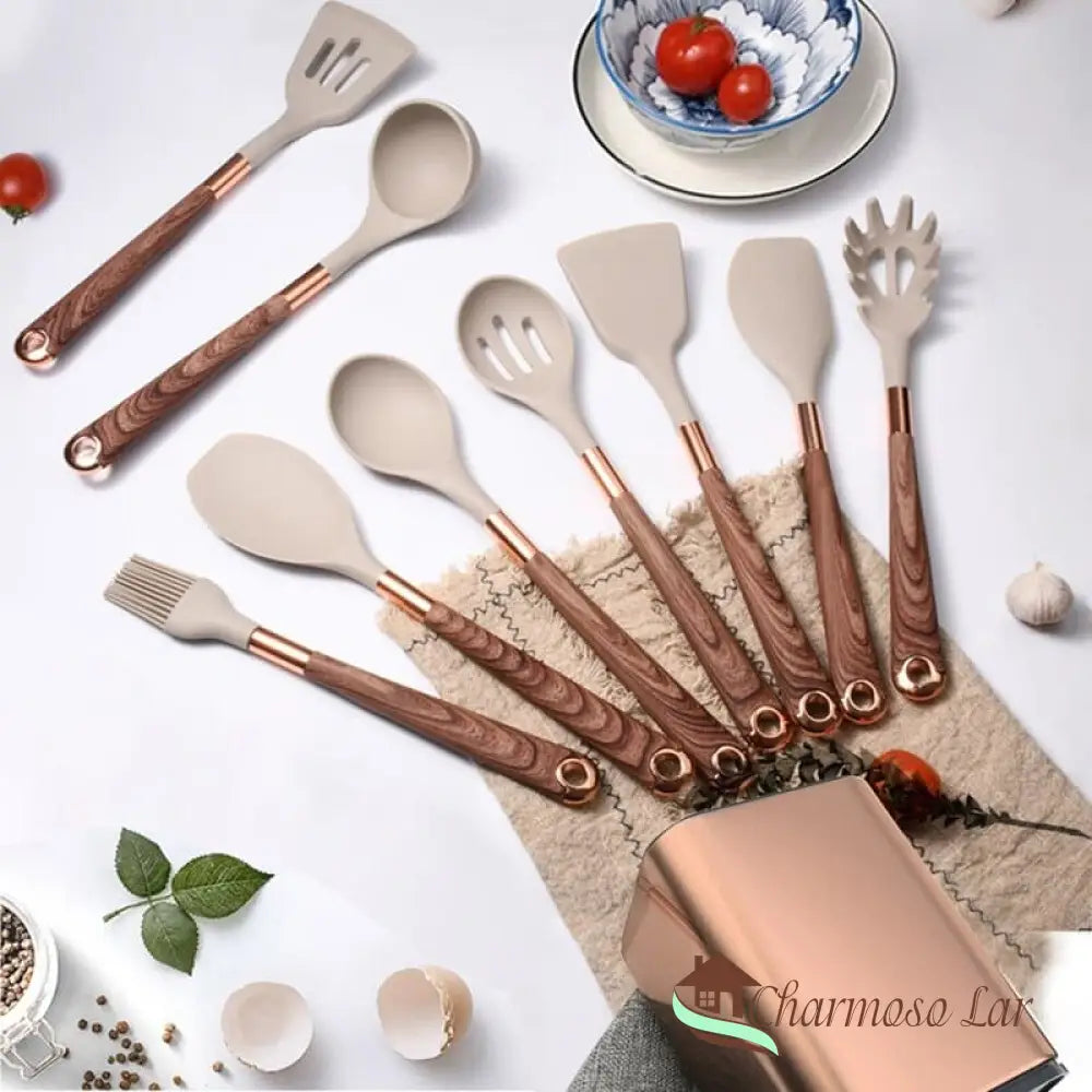 Kit Utensílios de Cozinha Silicone 10 Peças Com Organizador Rosé Polihousi 